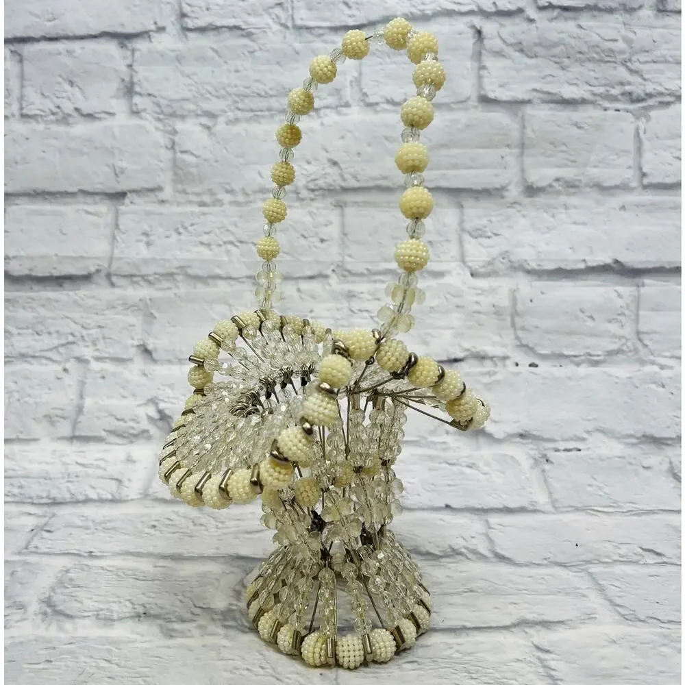 Vintage Handmade Beaded Safety Pin Basket Mid Century Pearl Silver 12